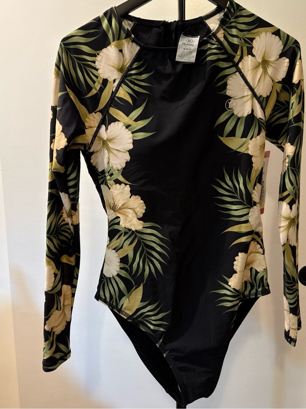 Hurley Ladies Long Sleeve One Piece Rash Guard Swimsuit Size M Black Floral Zip - Picture 6 of 9